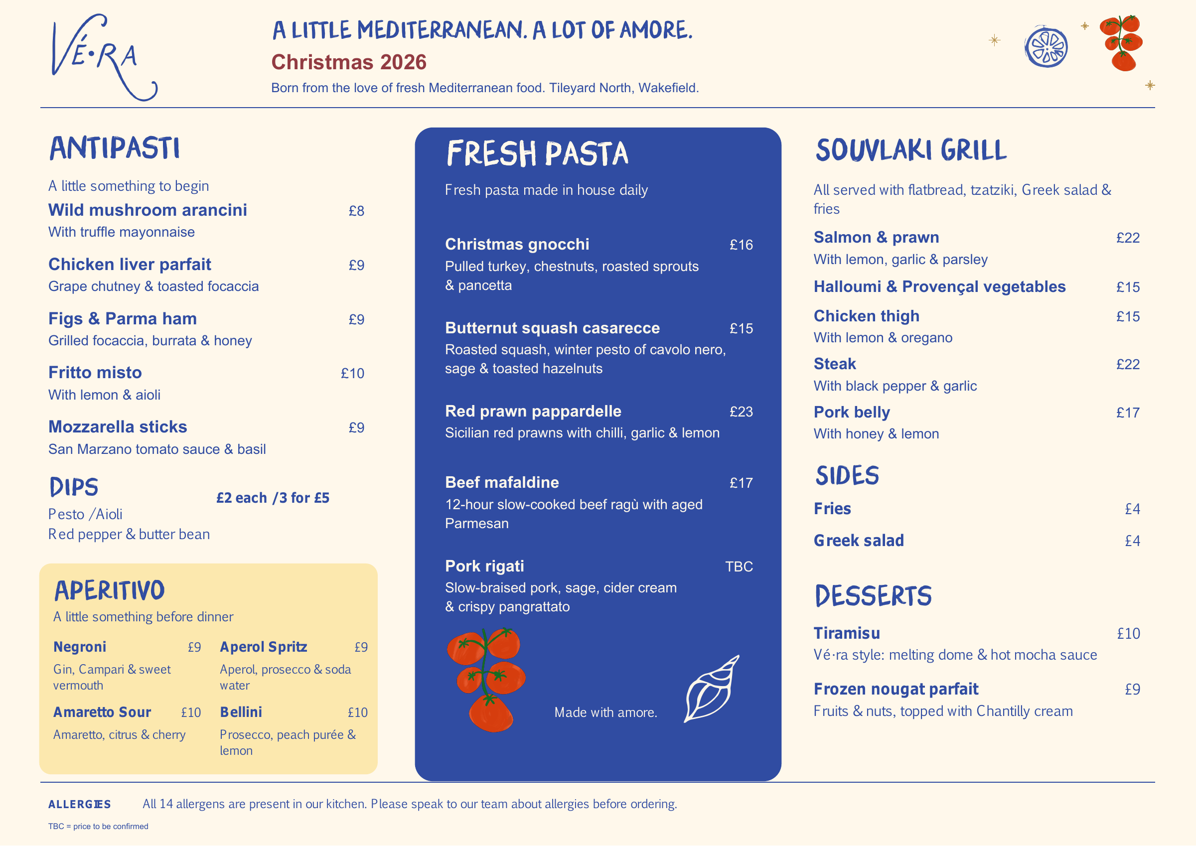 Vé•ra Christmas 2026 menu: antipasti, fresh pasta, souvlaki grill, sides, aperitivo and desserts. Open the PDF for the full menu and prices.